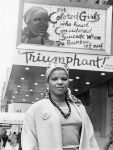 Ntozake Shange outside the Booth Theatre on Broadway for her production of <em>For ColoredGirls...</em>
